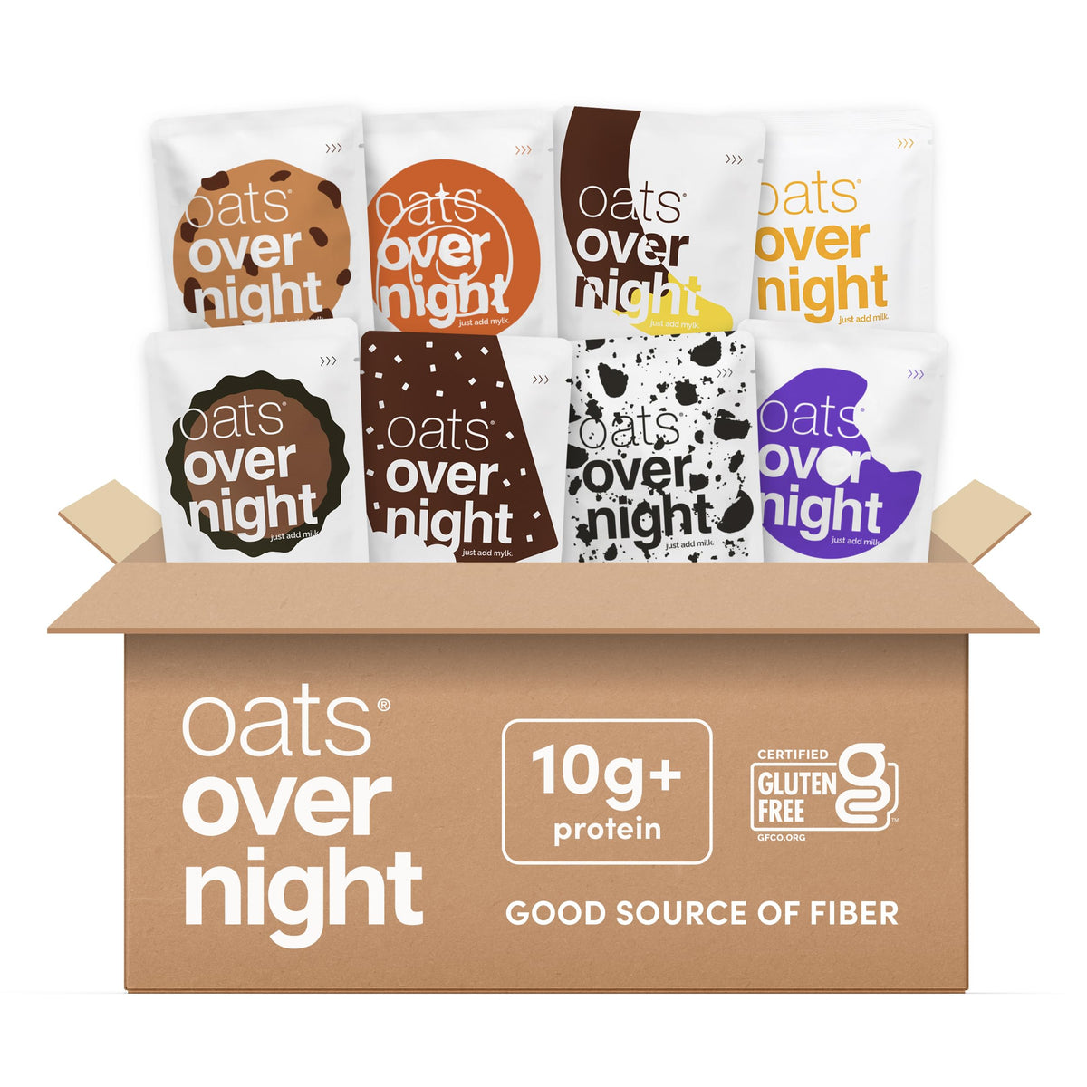 Oats Overnight front packaging showing all eight dessert flavors and convenience