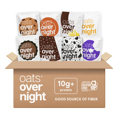 Oats Overnight front packaging showing all eight dessert flavors and convenience