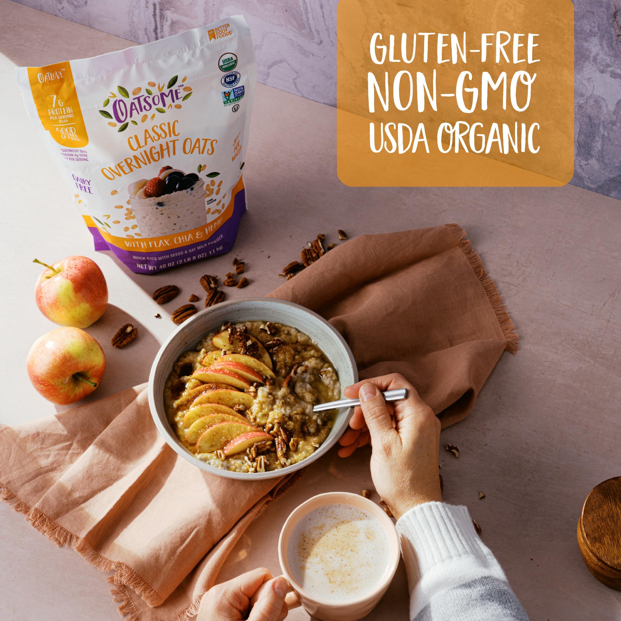 Oatsome beside measuring cup showing portion size and yield clarity