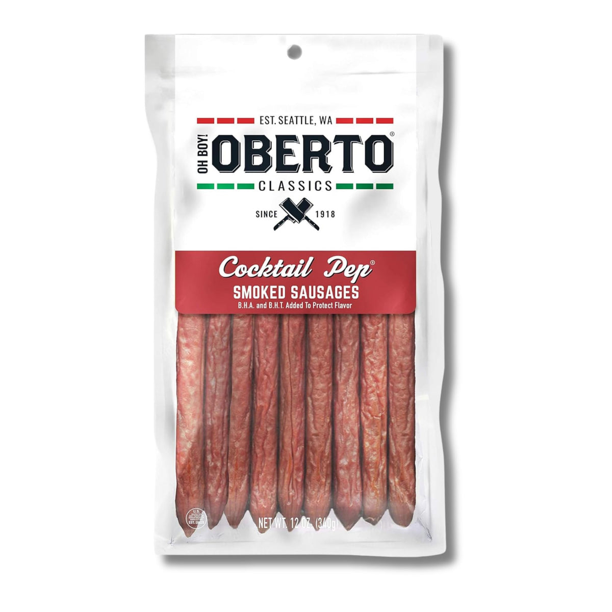 Oberto front packaging showing 12oz bag and brand for shelf visibility benefit