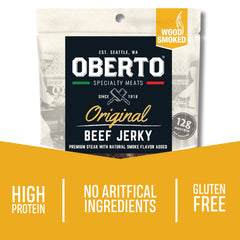 Oberto jerky close-up texture highlighting tender smoked beef bite