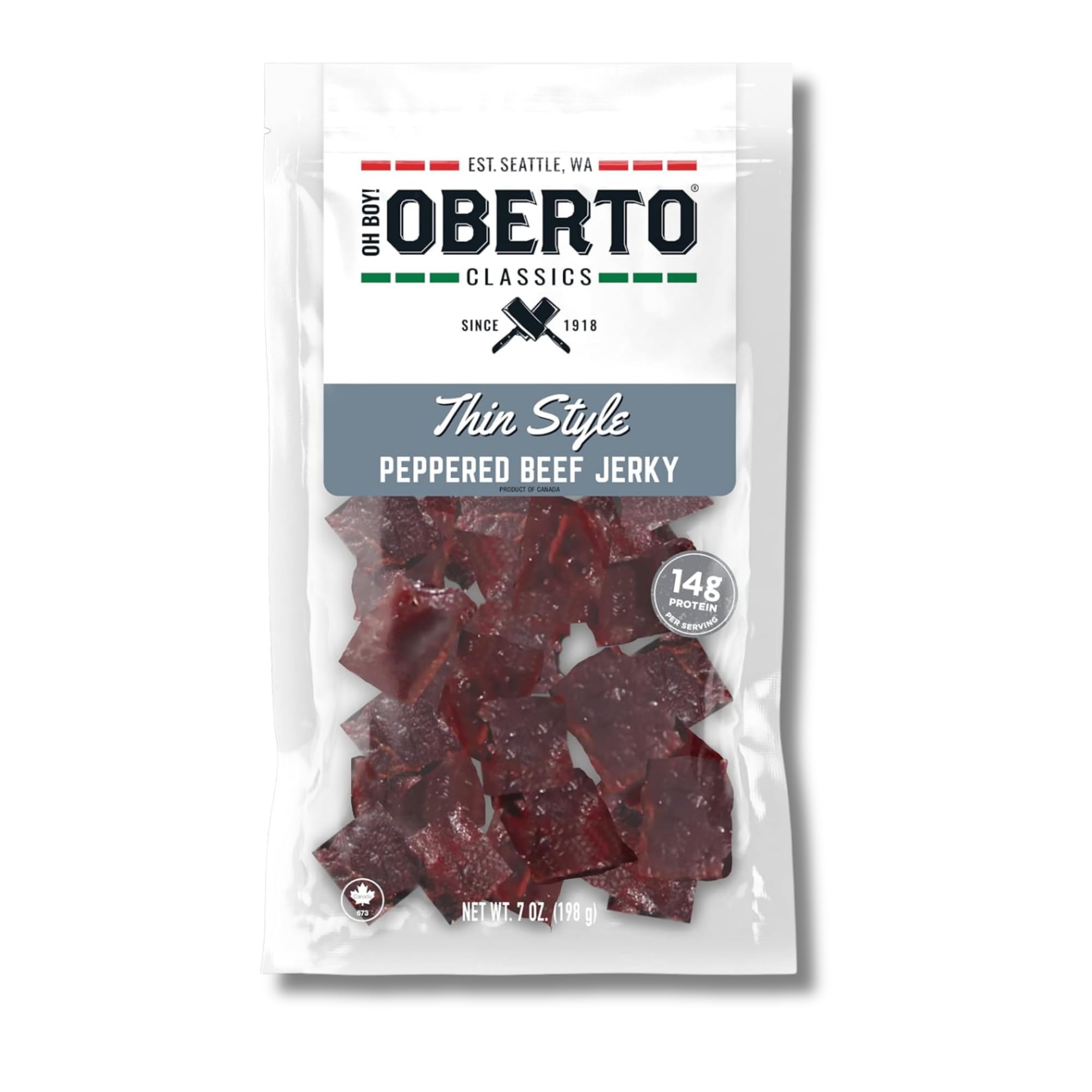 Oberto front packaging showing product name and resealable bag benefits