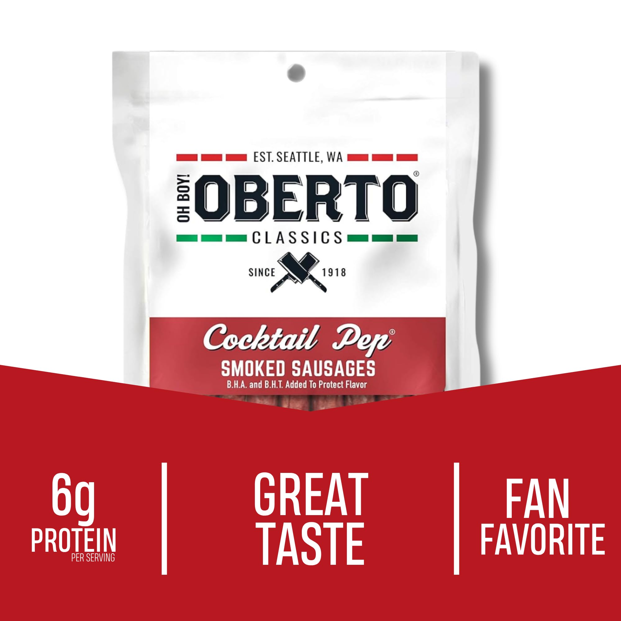 Oberto opened pouch with sausages ready to serve and share
