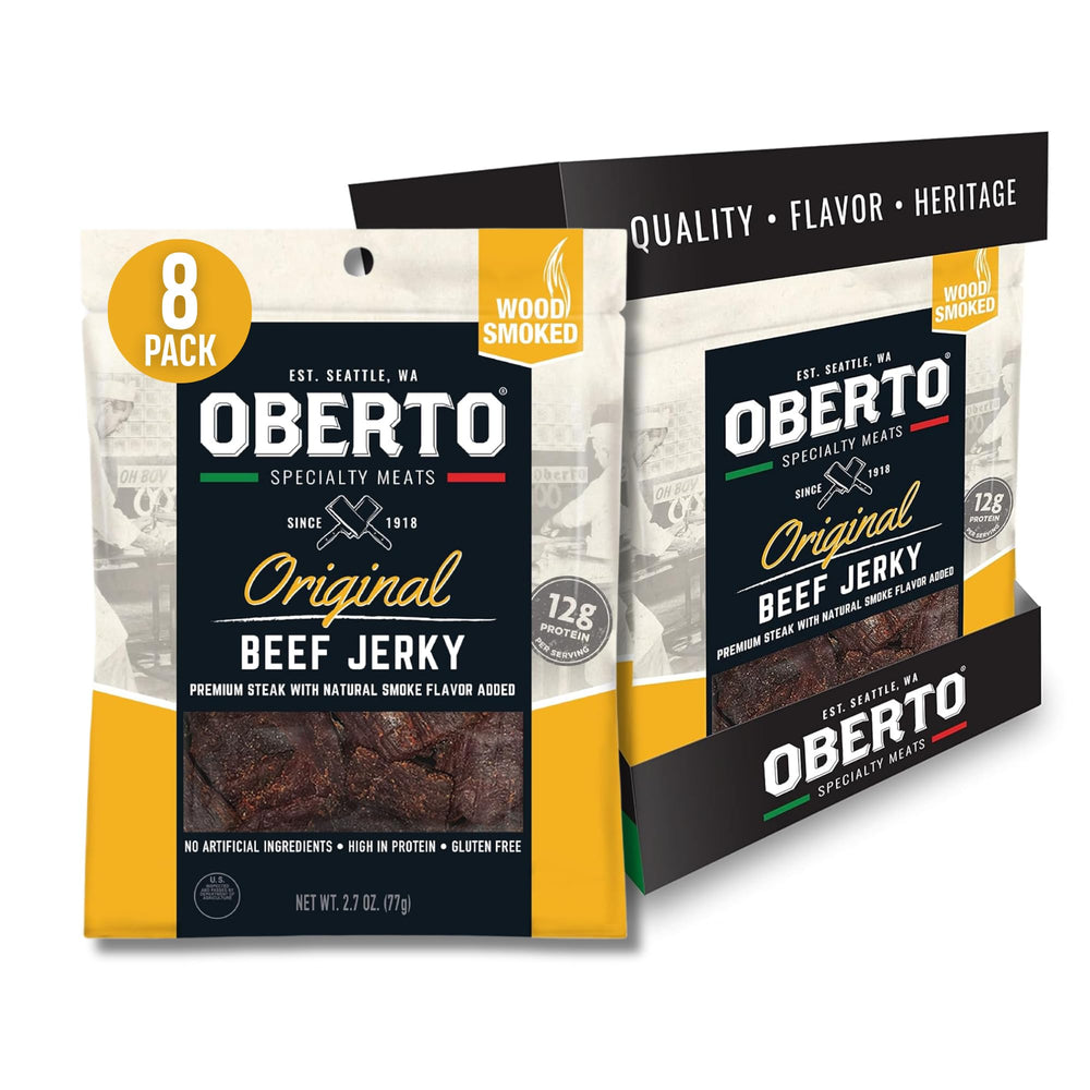 Oberto original front packaging showing branded resealable bag and flavor