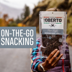 Oberto thin jerky arranged on wooden board illustrating serving idea