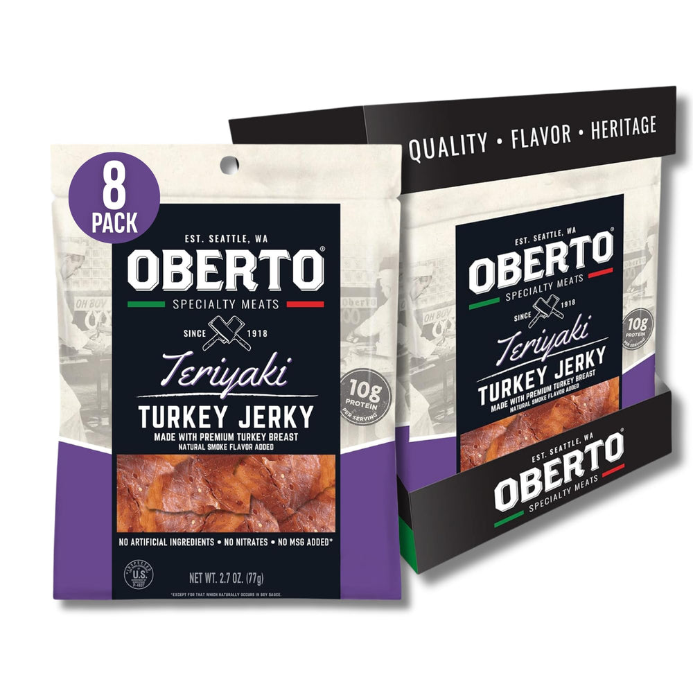 Oberto front packaging showing teriyaki turkey jerky and resealable bag benefit