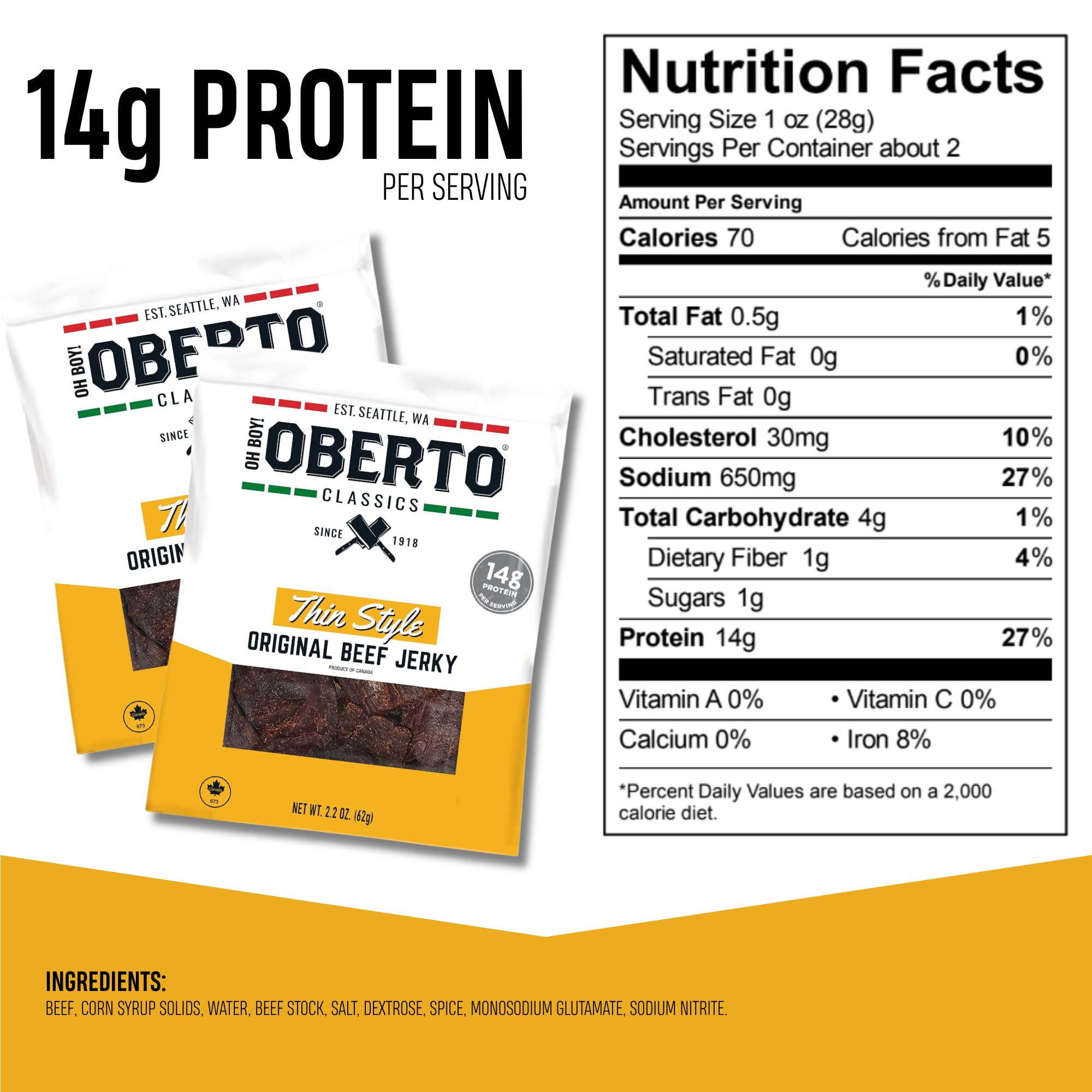 Oberto close-up of jerky grain and smoke, highlighting tender texture benefit