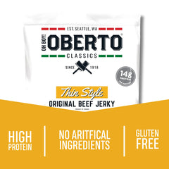 Oberto open pouch with thin jerky pieces, convenient ready-to-eat benefit