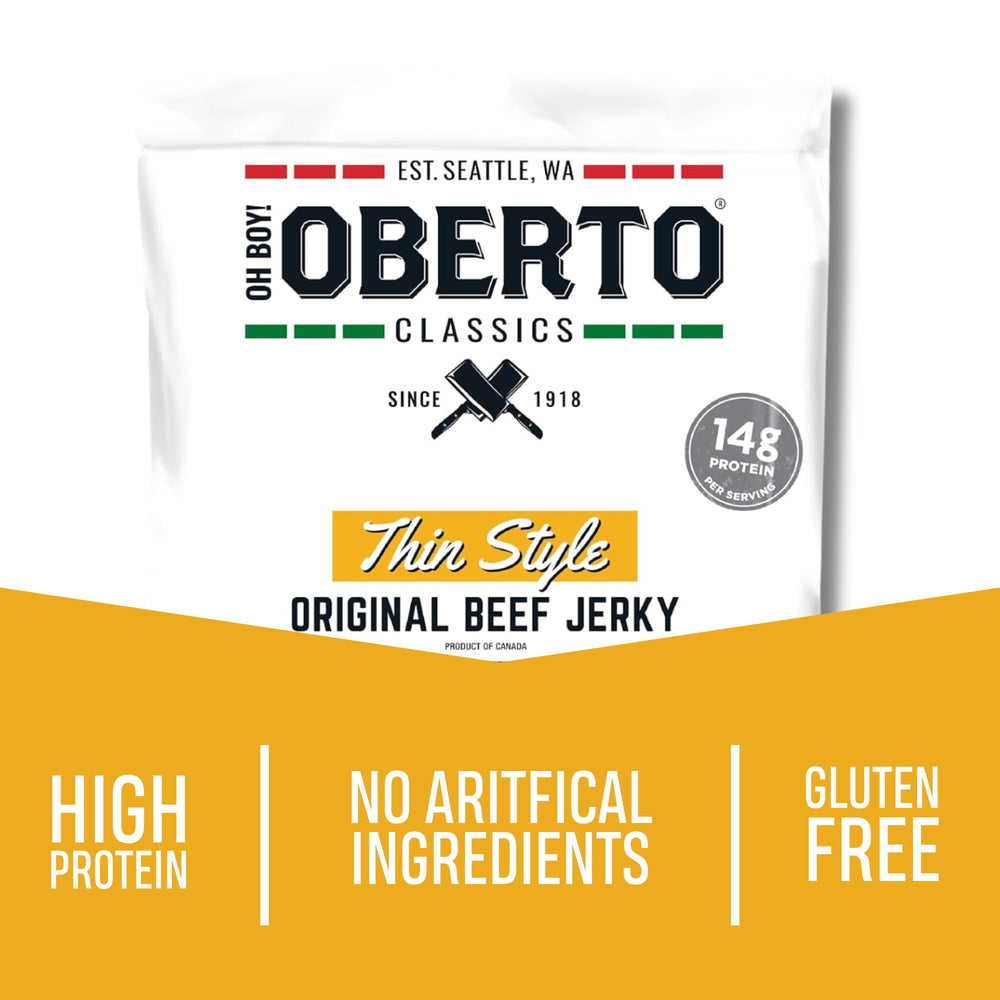 Open Oberto pouch with jerky pieces visible highlighting grab-and-go benefit