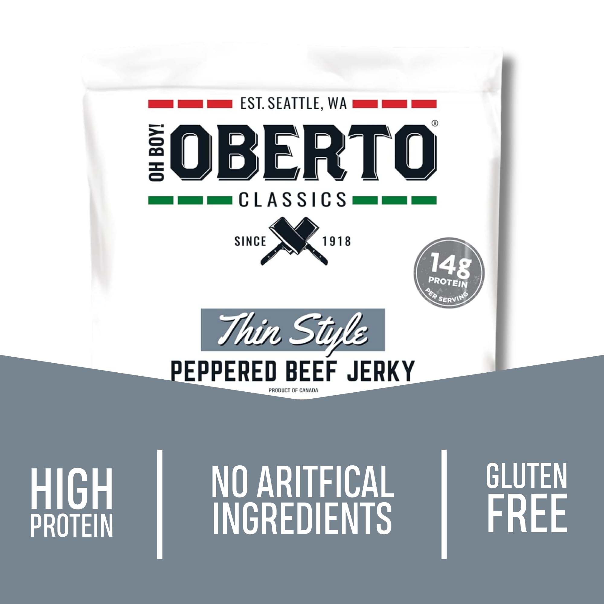 Oberto close-up of thin-style peppered jerky slices highlighting texture