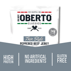 Oberto close-up of thin-style peppered jerky slices highlighting texture