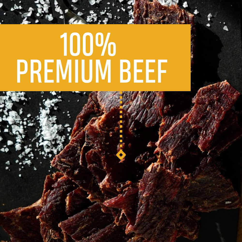 Oberto thin jerky on wood board, showing premium steak presentation benefit