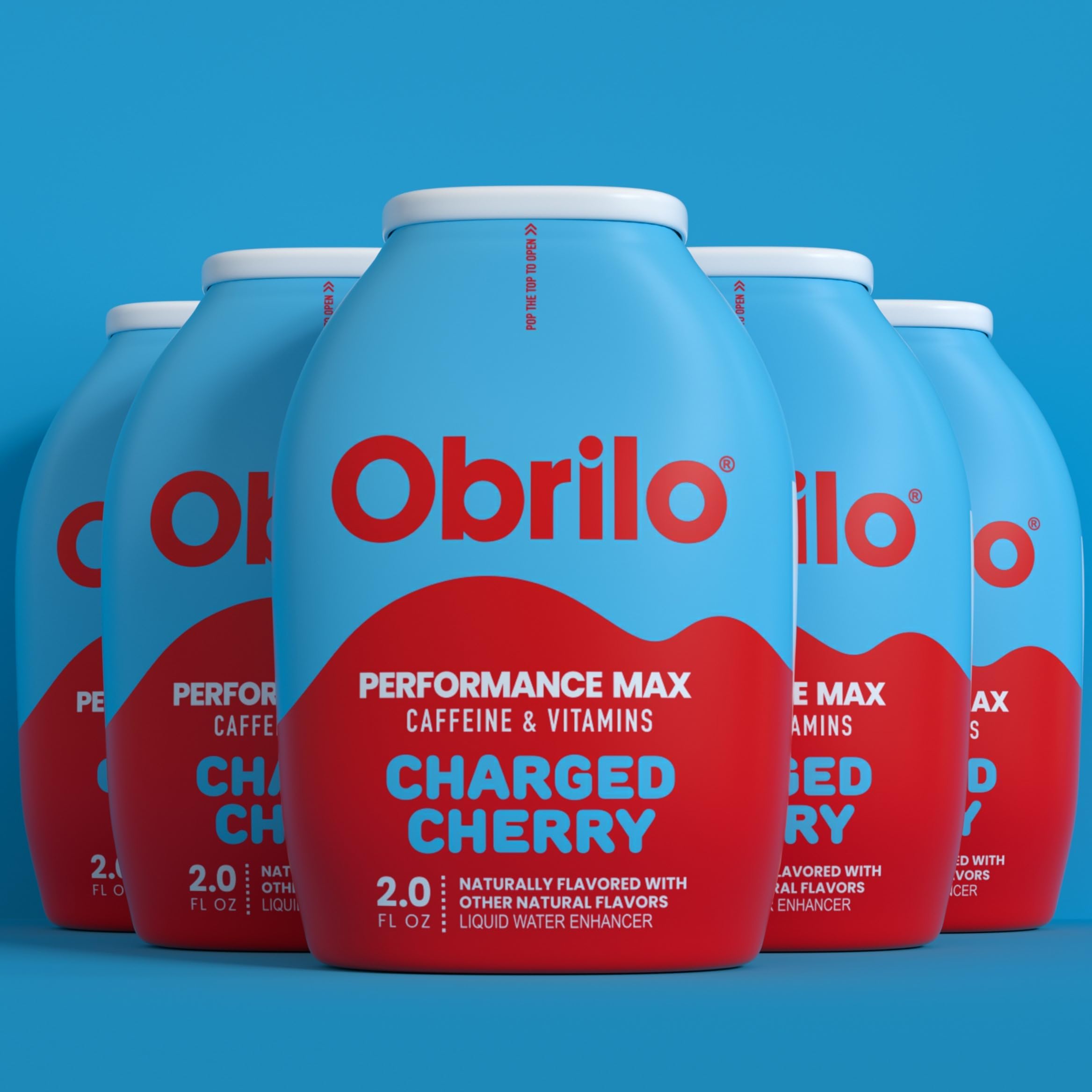 Obrilo front packaging showing five Cherry Charge bottles for portable energy