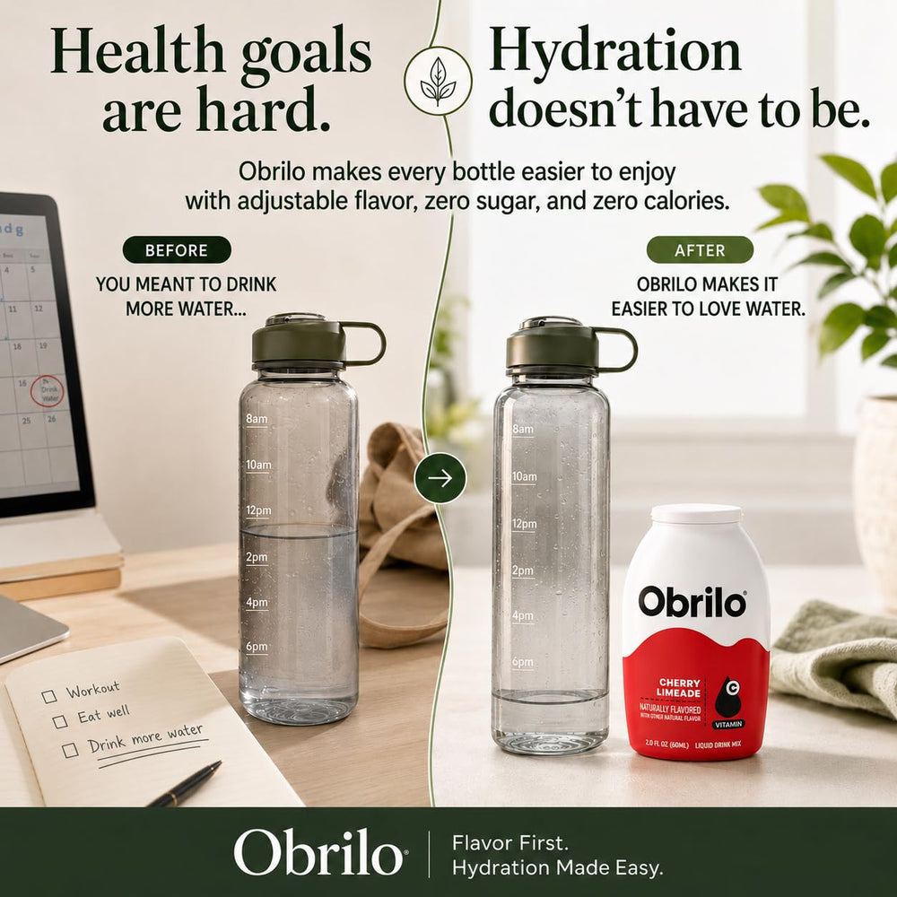 Obrilo five small bottles lined up highlighting convenience and portability