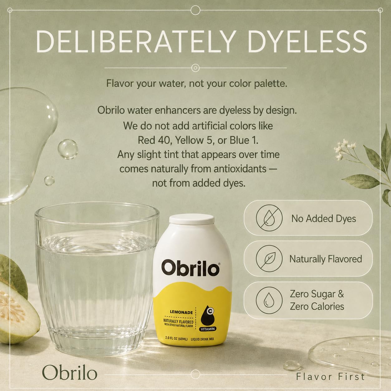 Obrilo pouring into a glass of iced water demonstrating instant mixability