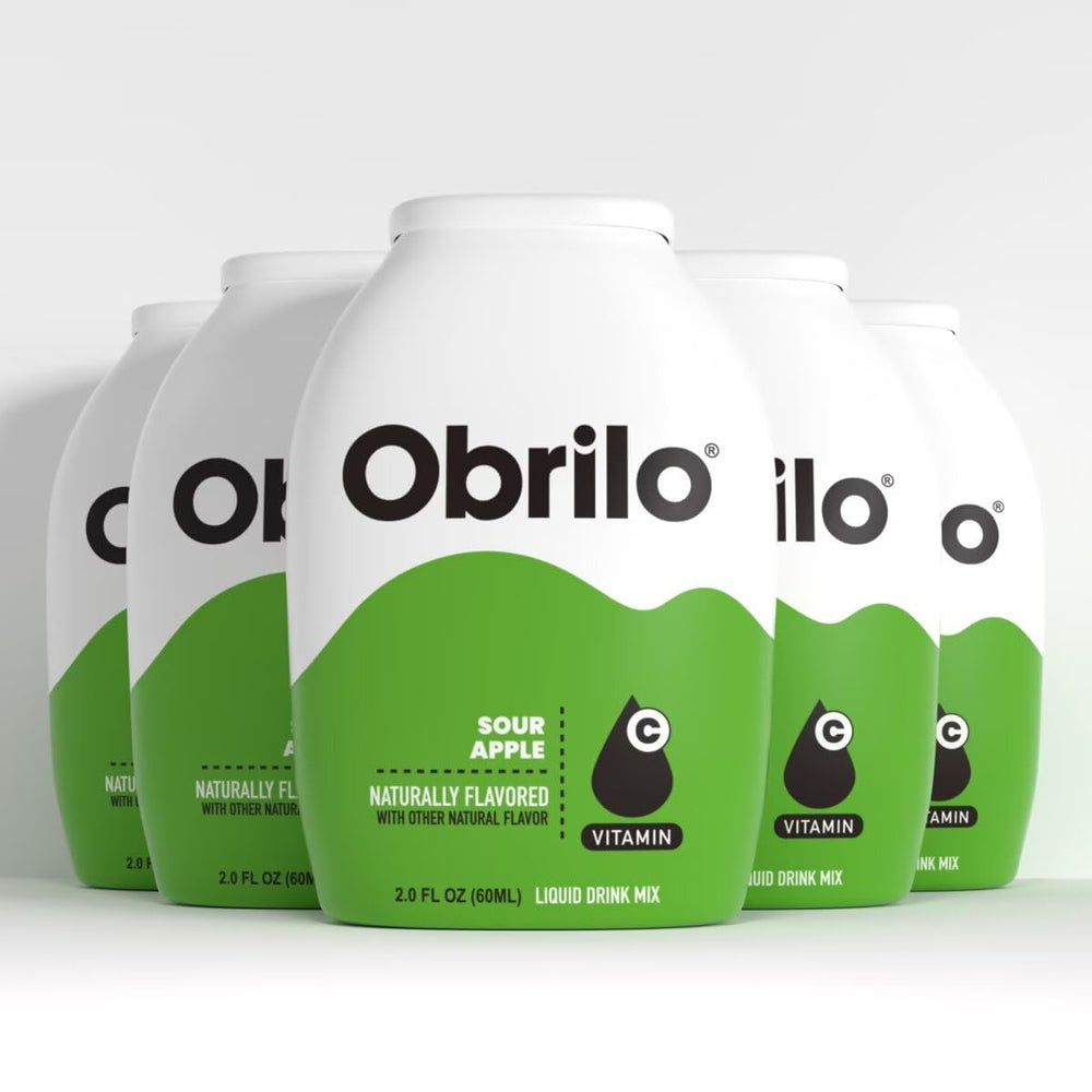 Obrilo sour apple front packaging showing compact travel-friendly bottle and label benefits