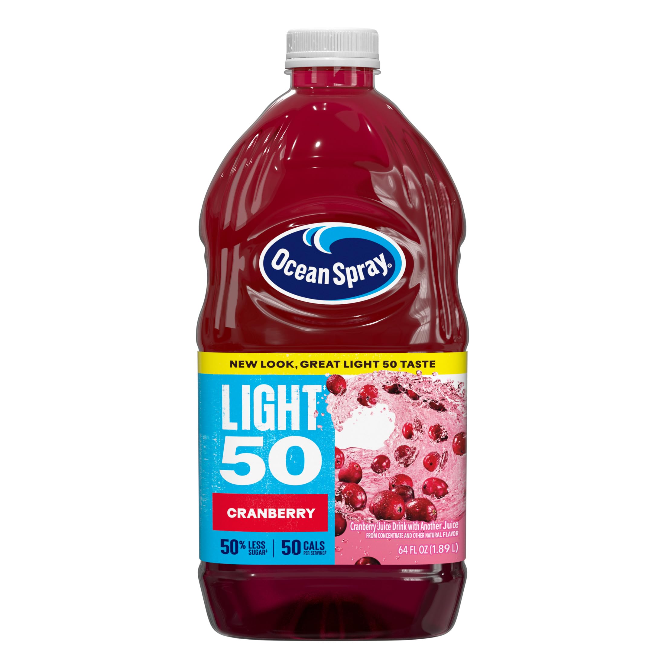 Ocean Spray Cran50 front packaging shows bottle and label, highlighting lower calories