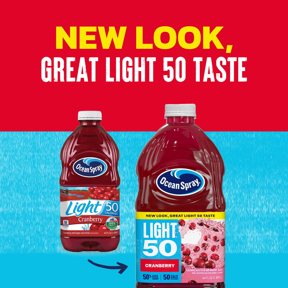 Ocean Spray Cran50 next to fresh cranberries for scale and natural fruit connection