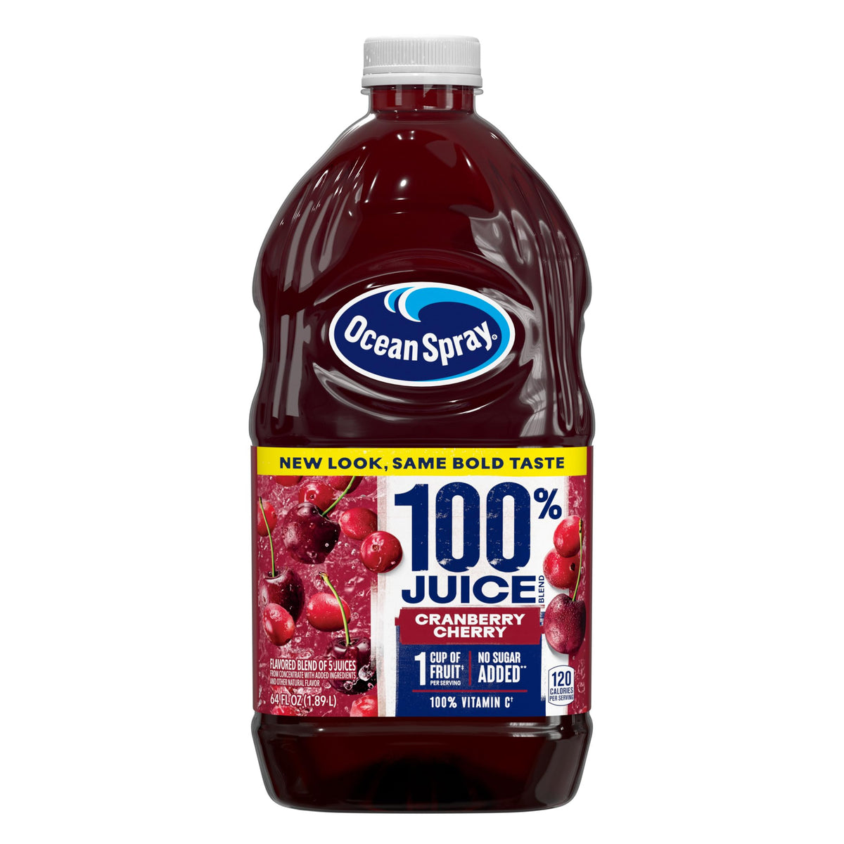 Ocean Spray bottle front packaging showing bold cranberry cherry branding and nutritional highlights