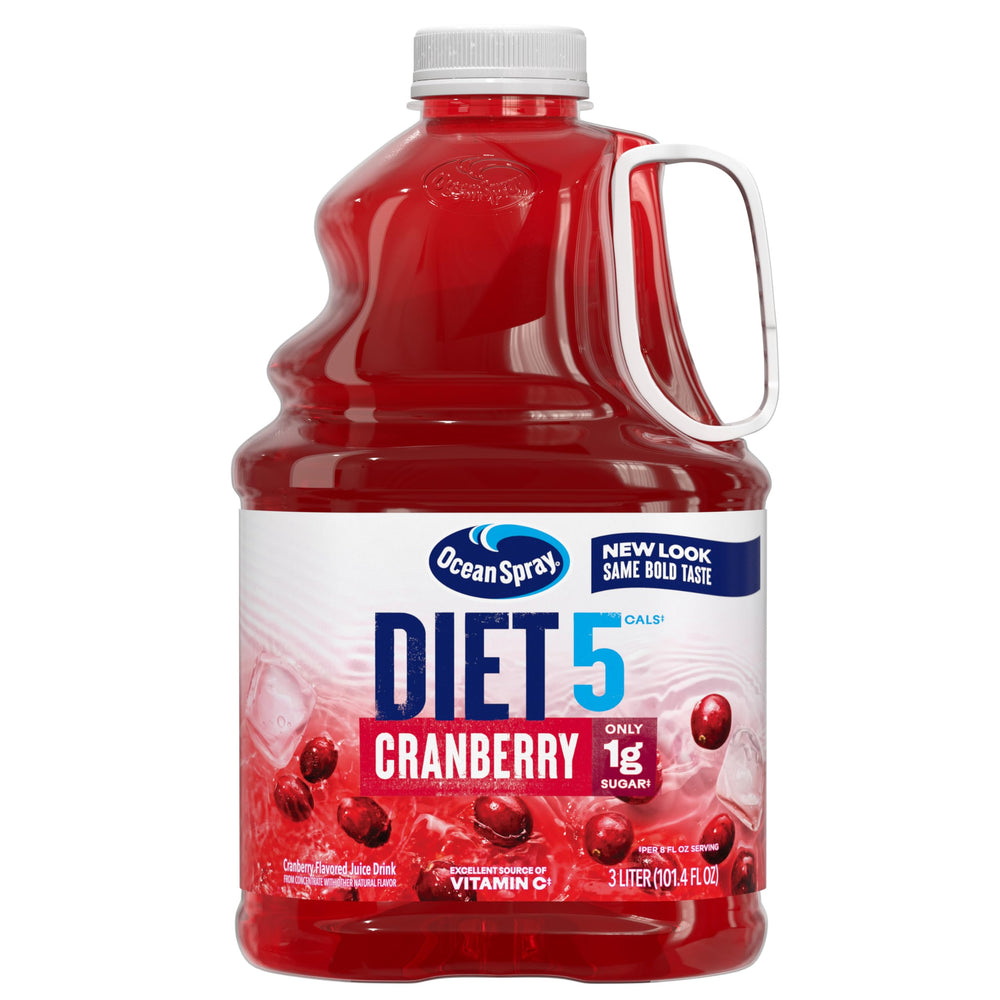 Ocean Spray front packaging showing six bottles and bold cranberry flavor benefit