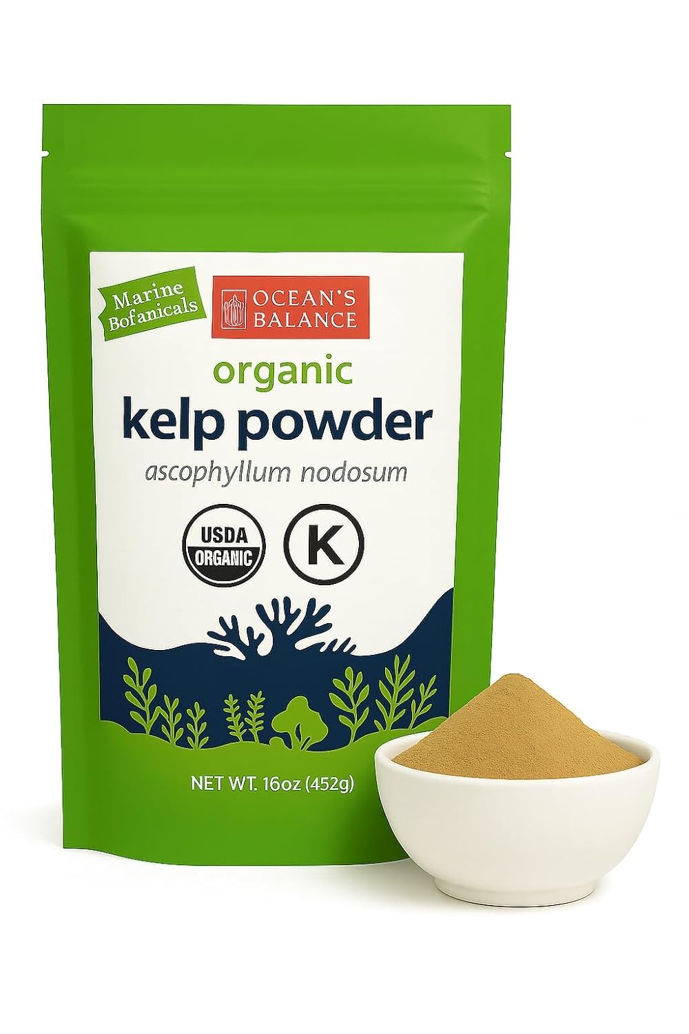 Ocean's Balance front packaging showing 16 oz kelp powder and clean ingredient benefit