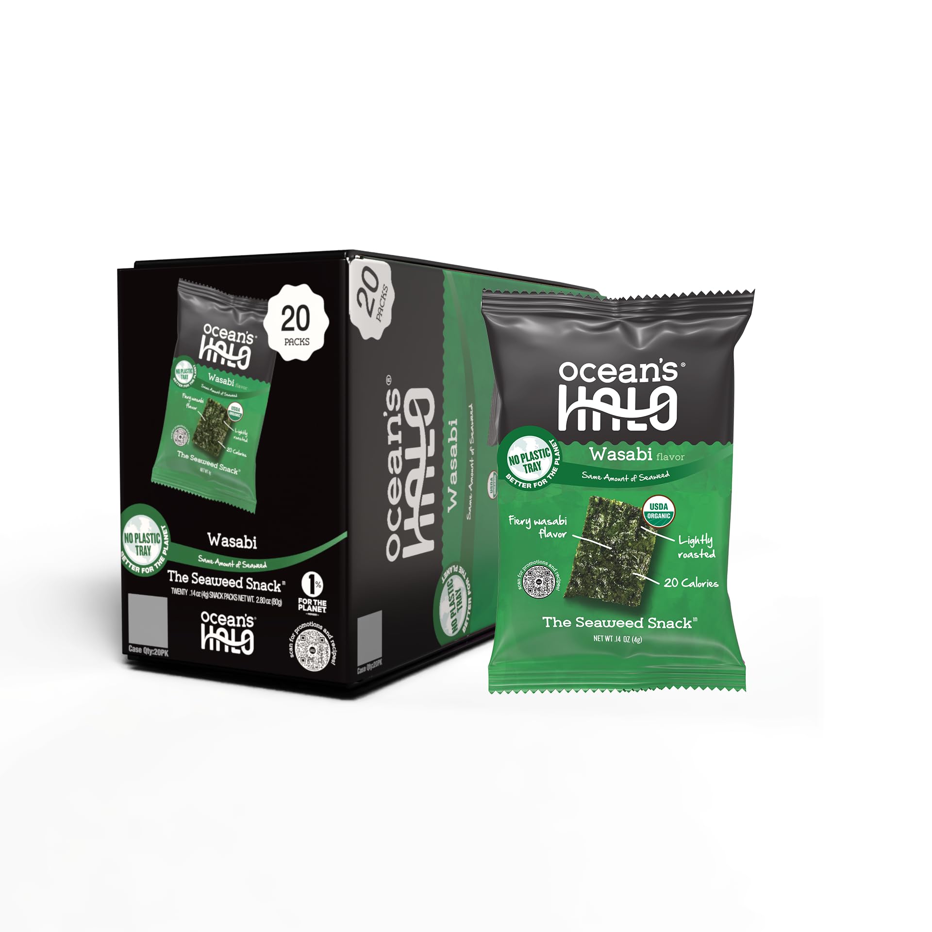 Ocean's Halo front pack showing wasabi flavor and organic badge for clear product info