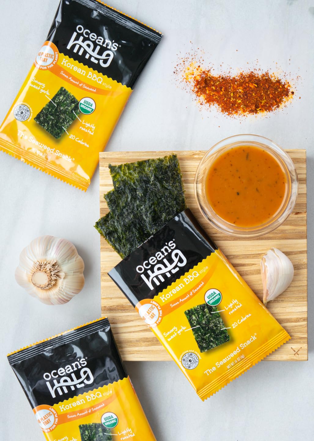 Ocean's Halo label with USDA Organic and 1% for the Planet badges emphasizing trust