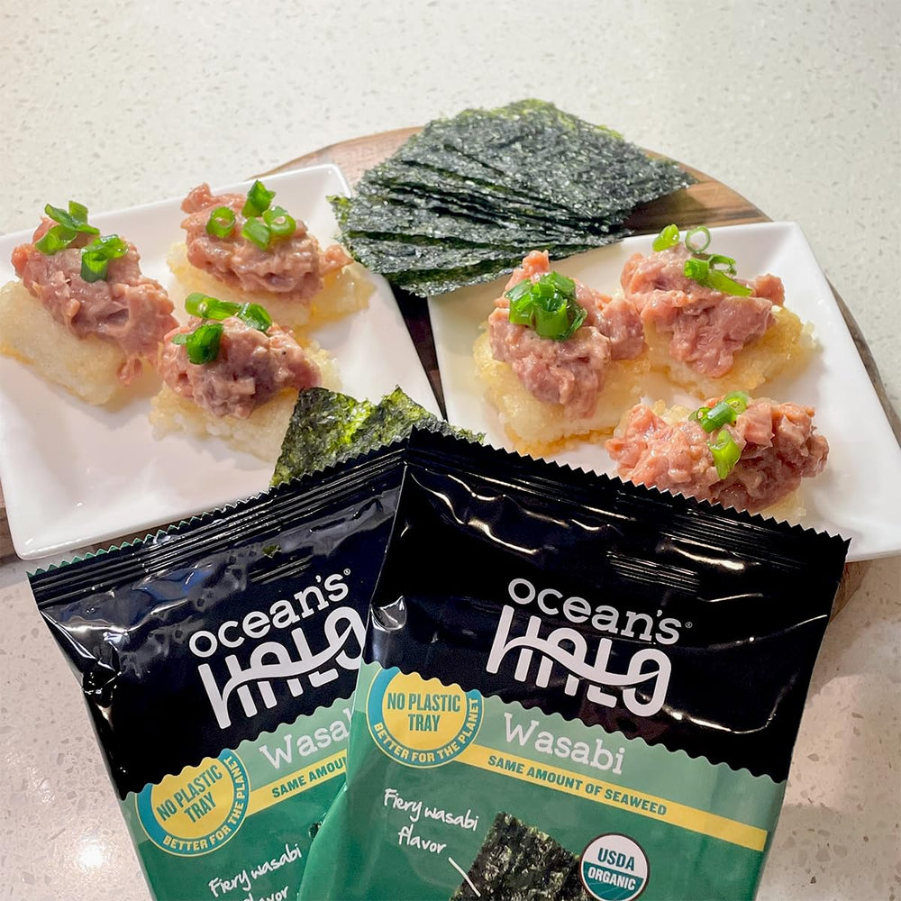 Ocean's Halo sheets crumbled over rice bowl adding umami crunch and flavor boost