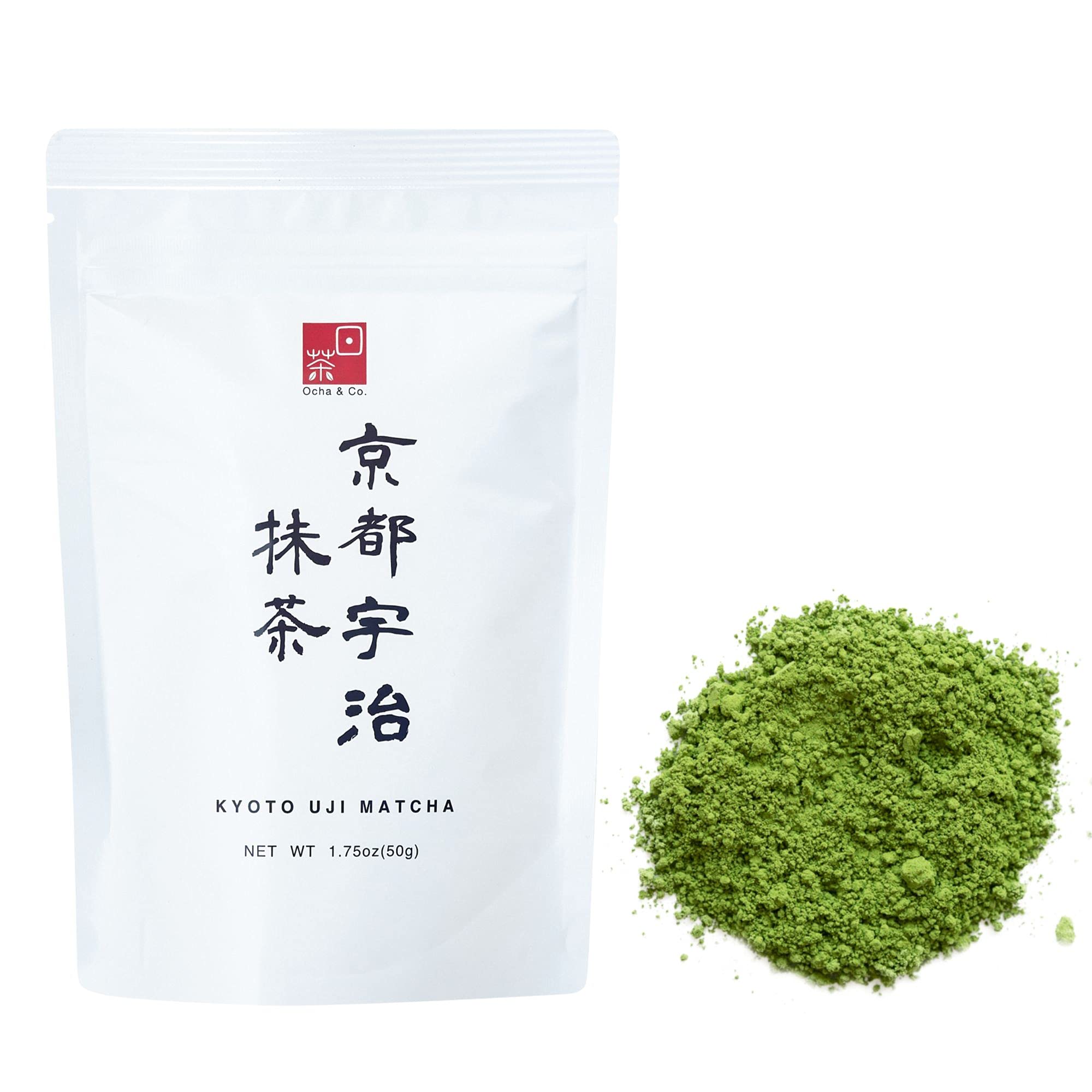 Ocha & Co. front pouch showing 50g matcha powder and vibrant packaging benefit freshness