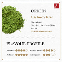 Ocha & Co. fine matcha powder on a scoop highlighting silky texture for smooth drinks