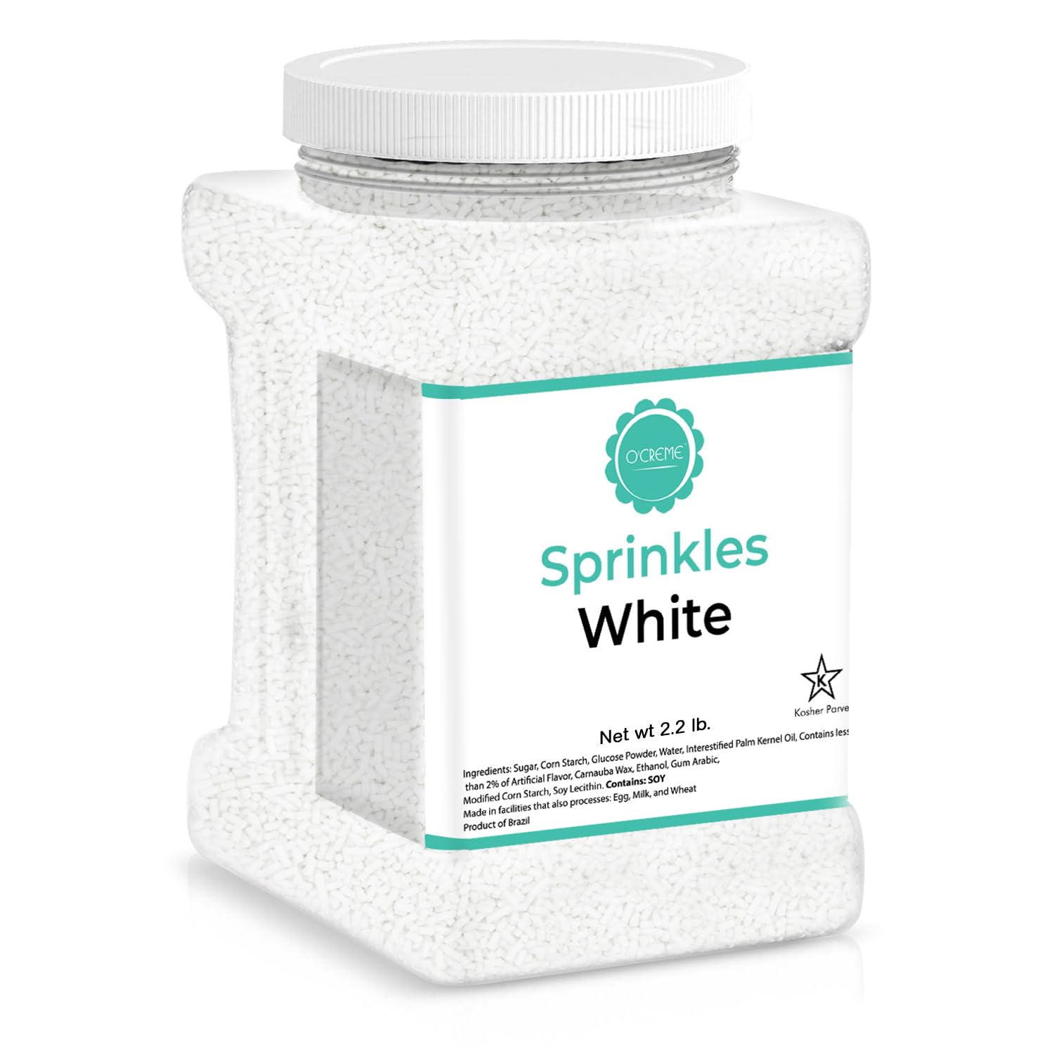 O'CREME white sprinkles jar front view showing packaging and amount