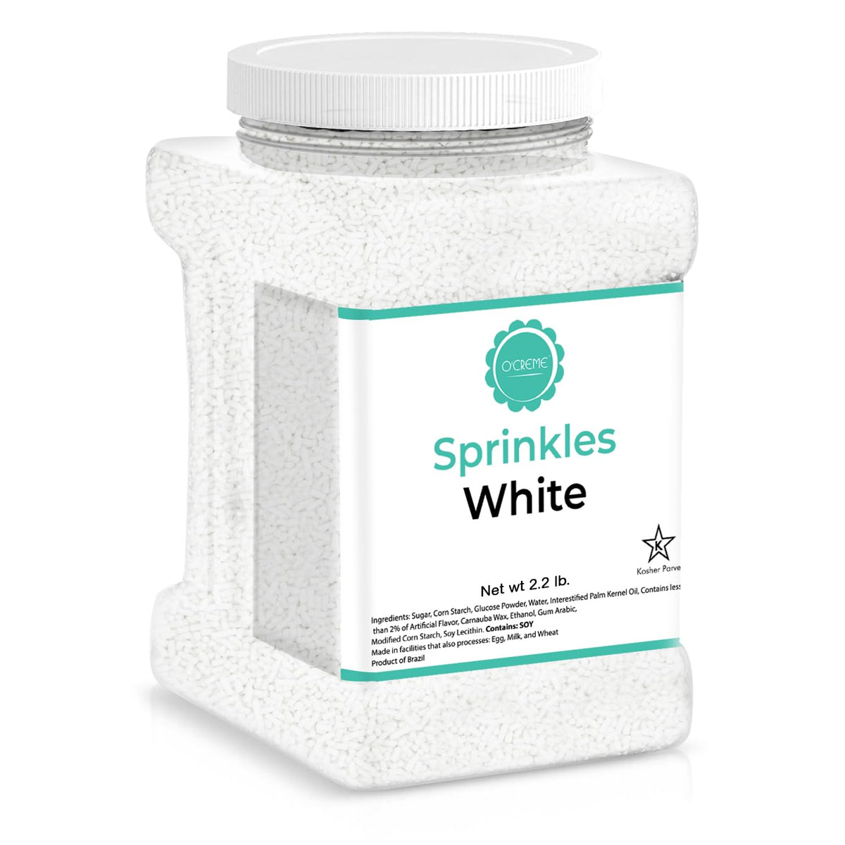 O'CREME white sprinkles jar front view showing packaging and amount