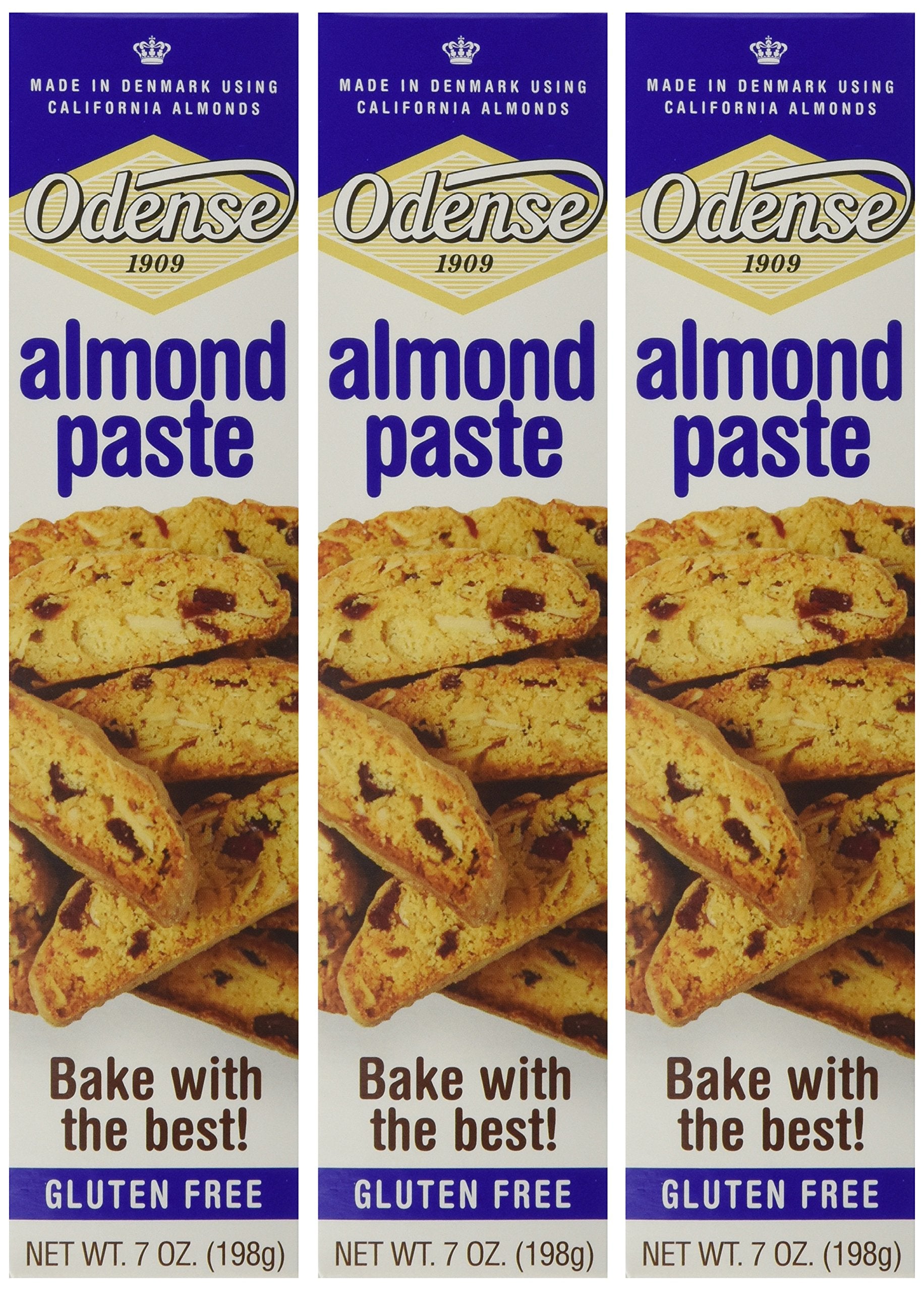 Odense almond paste front packaging showing three-pack and quality benefit