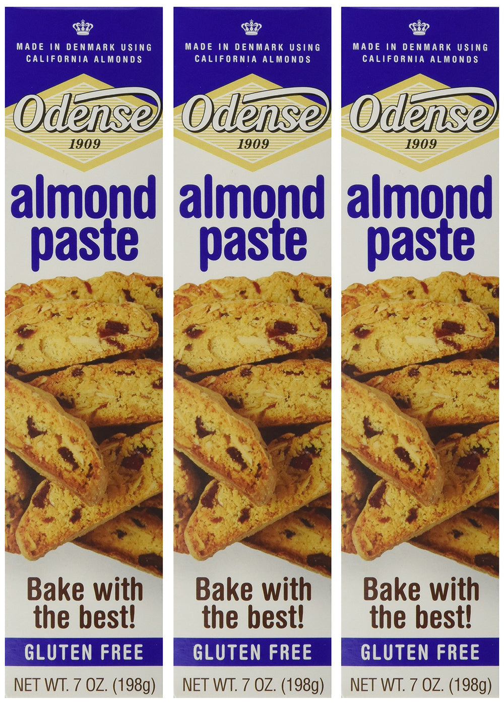 Odense almond paste front packaging showing three-pack and quality benefit
