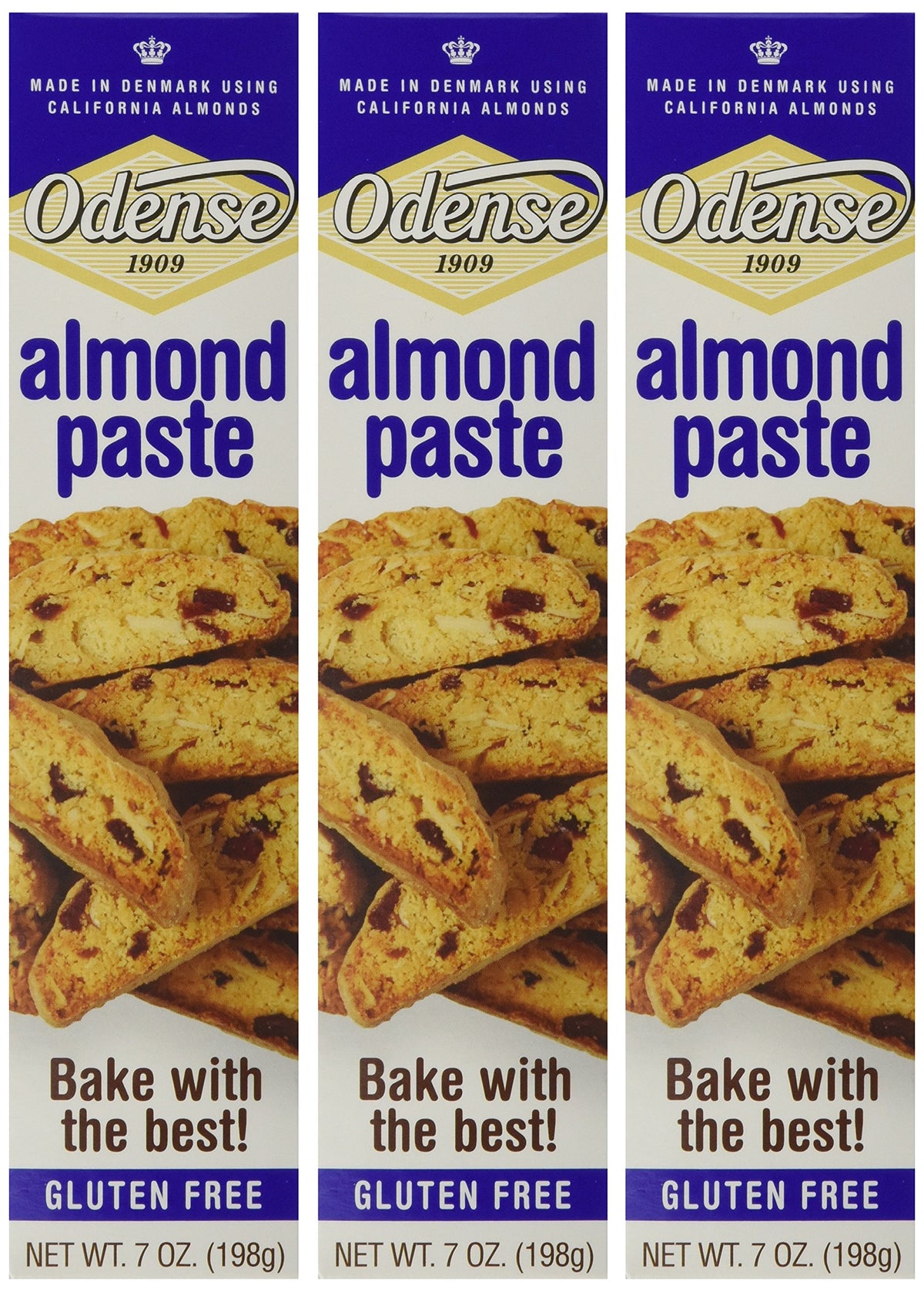 Odense almond paste front packaging showing three-pack and quality benefit