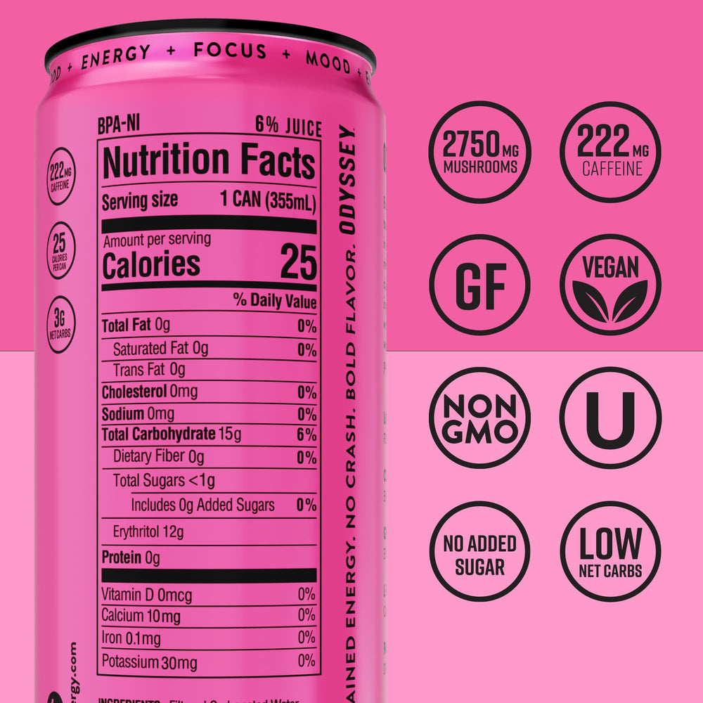 Angled Odyssey Elixir can highlighting ingredient callouts and premium plant-based label benefits
