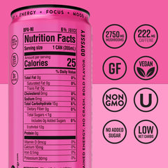 Angled Odyssey Elixir can highlighting ingredient callouts and premium plant-based label benefits