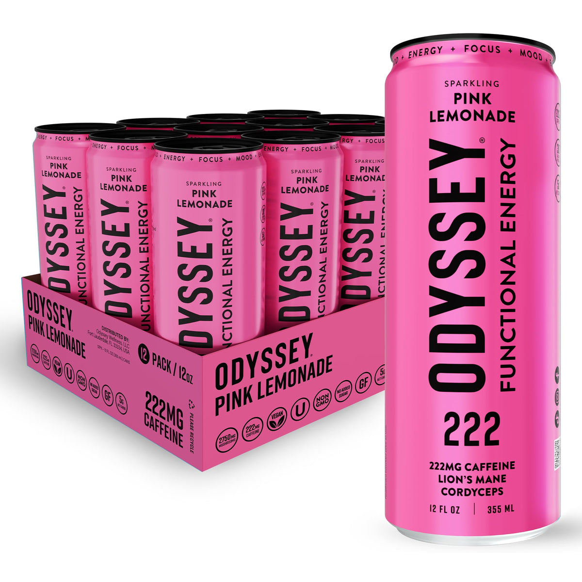 Odyssey Elixir can front view showing pink lemonade label and clean functional branding benefits