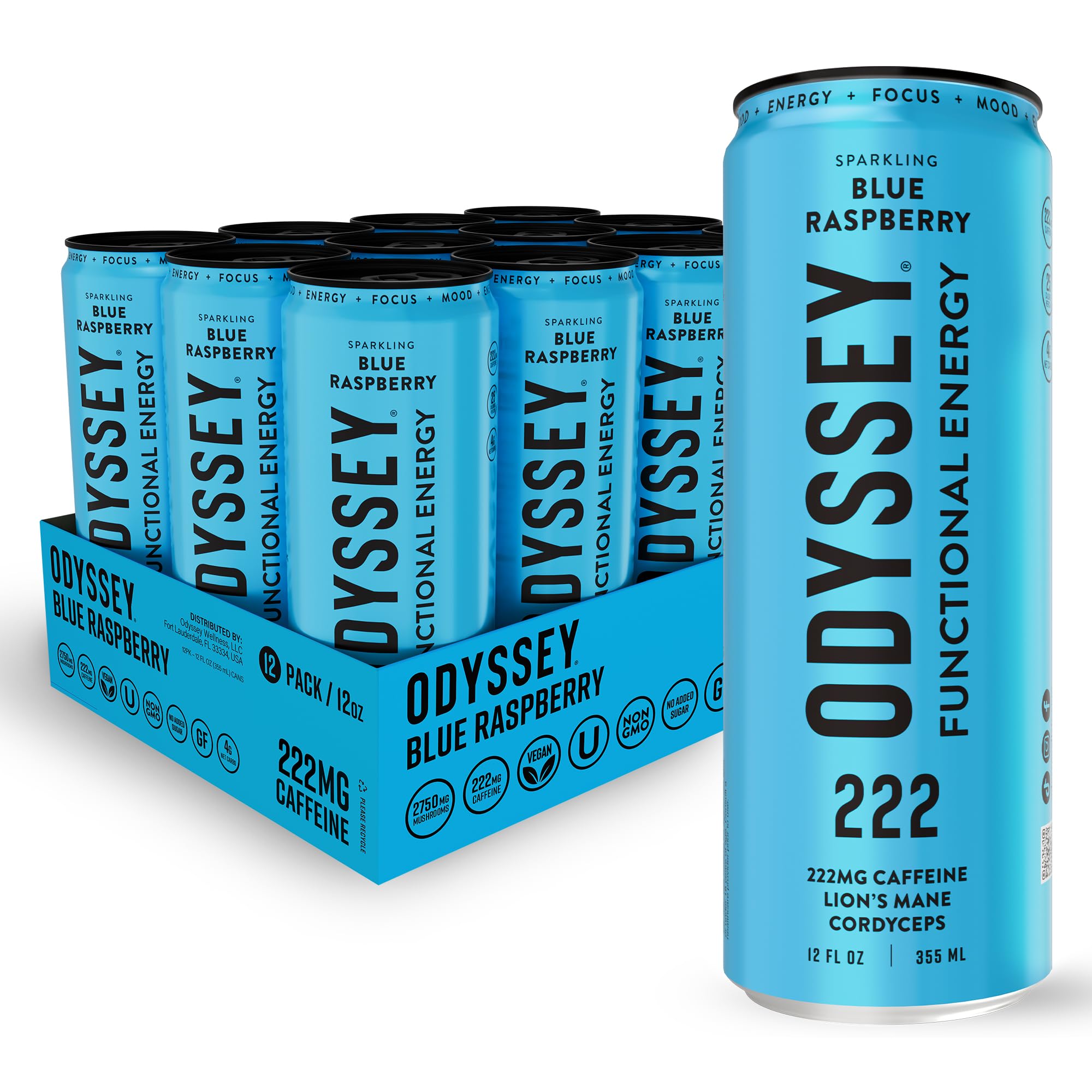 ODYSSEY ELIXIR front can showing blue raspberry flavor and clean-label benefits