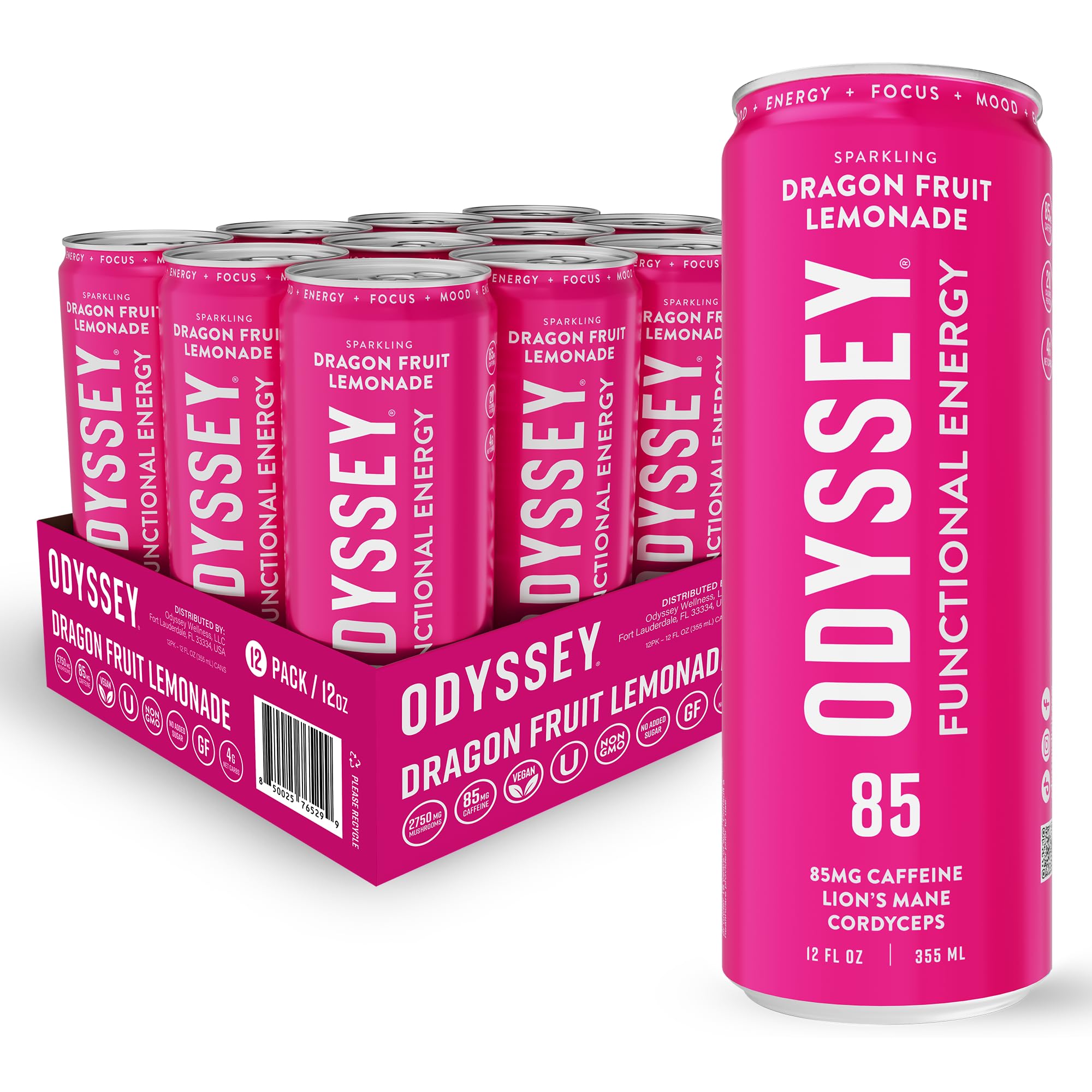 ODYSSEY ELIXIR front can showing dragon fruit lemonade branding and refreshing look