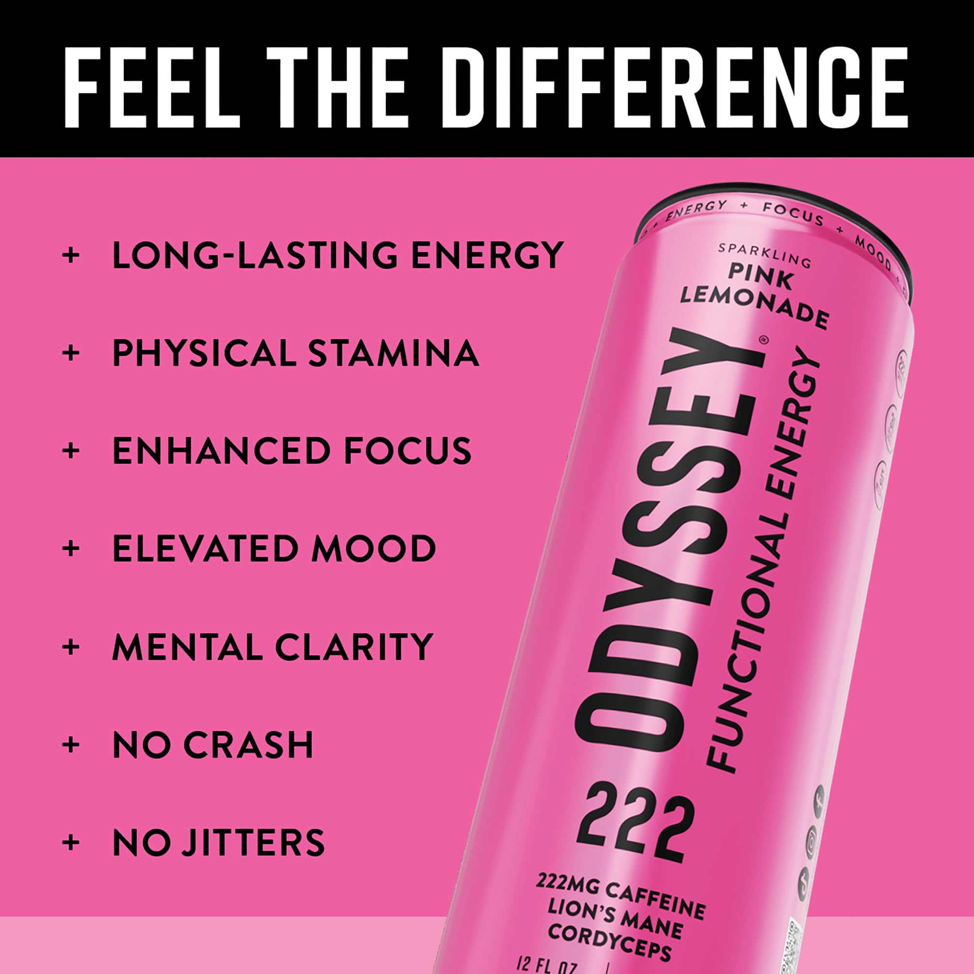 Arrangement of key ingredients beside an Odyssey Elixir can showing mushrooms and ginseng benefits