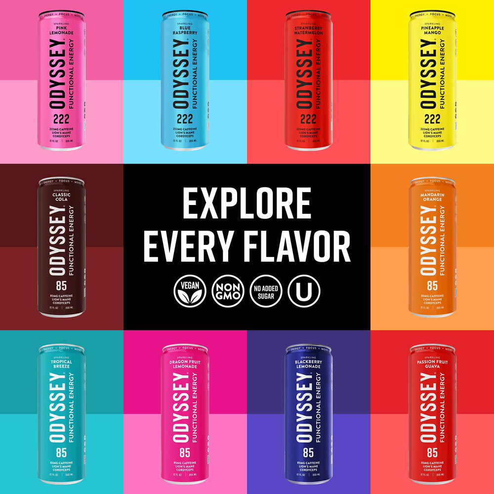 Open Odyssey Elixir can with visible bubbles illustrating light carbonation and stomach-friendly feel