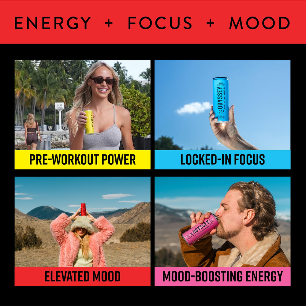 ODYSSEY ELIXIR open can being poured into glass, conveys refreshing energy