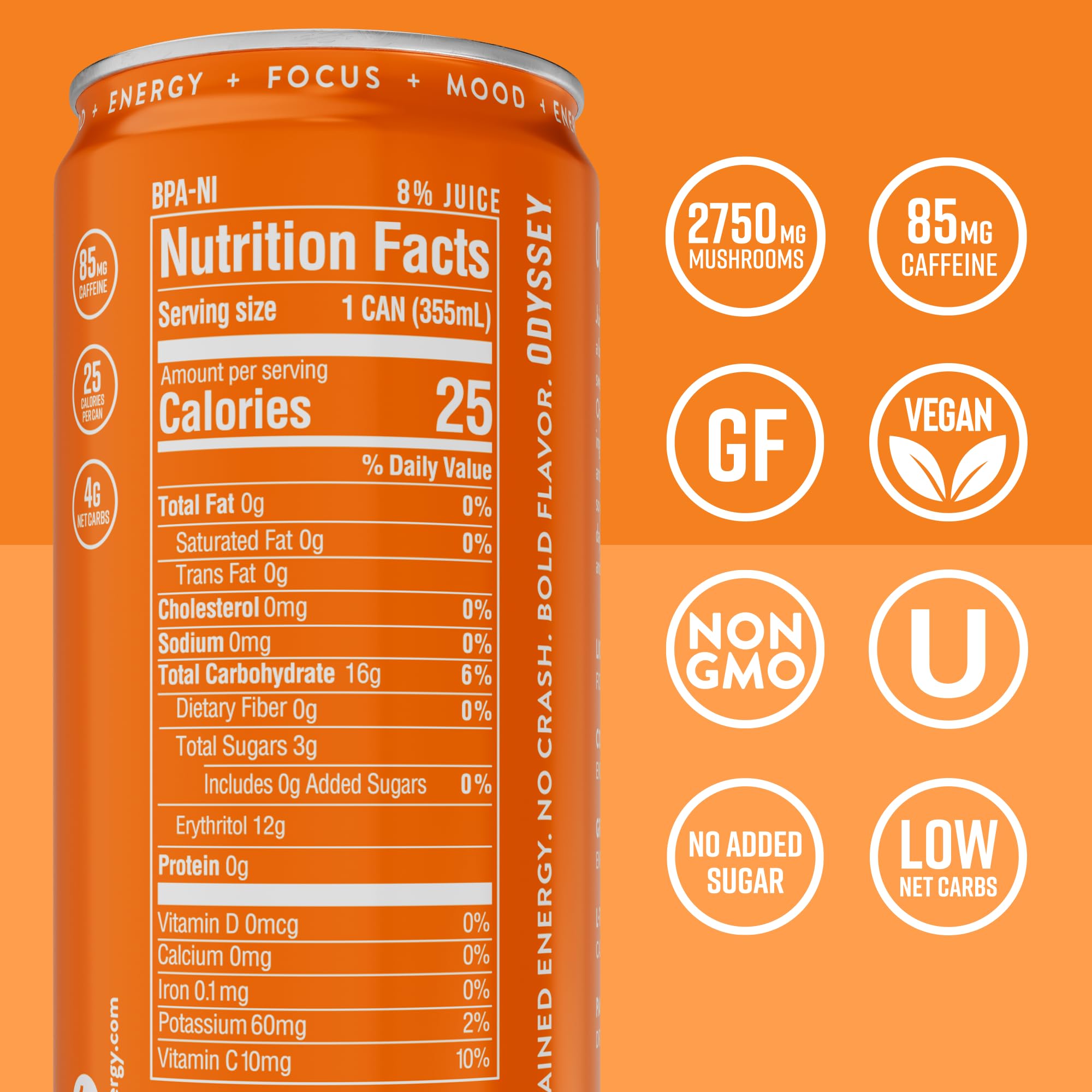 ODYSSEY ELIXIR close-up of can label highlighting ingredient transparency and benefit