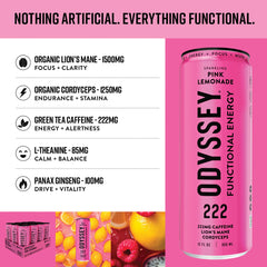 Pink lemonade splash behind an Odyssey Elixir can conveying refreshing taste and quick energy