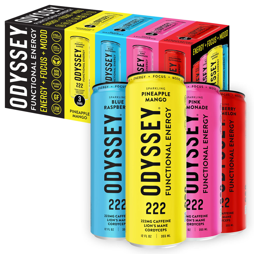 ODYSSEY ELIXIR variety pack front view showing cans and branding, highlights choice