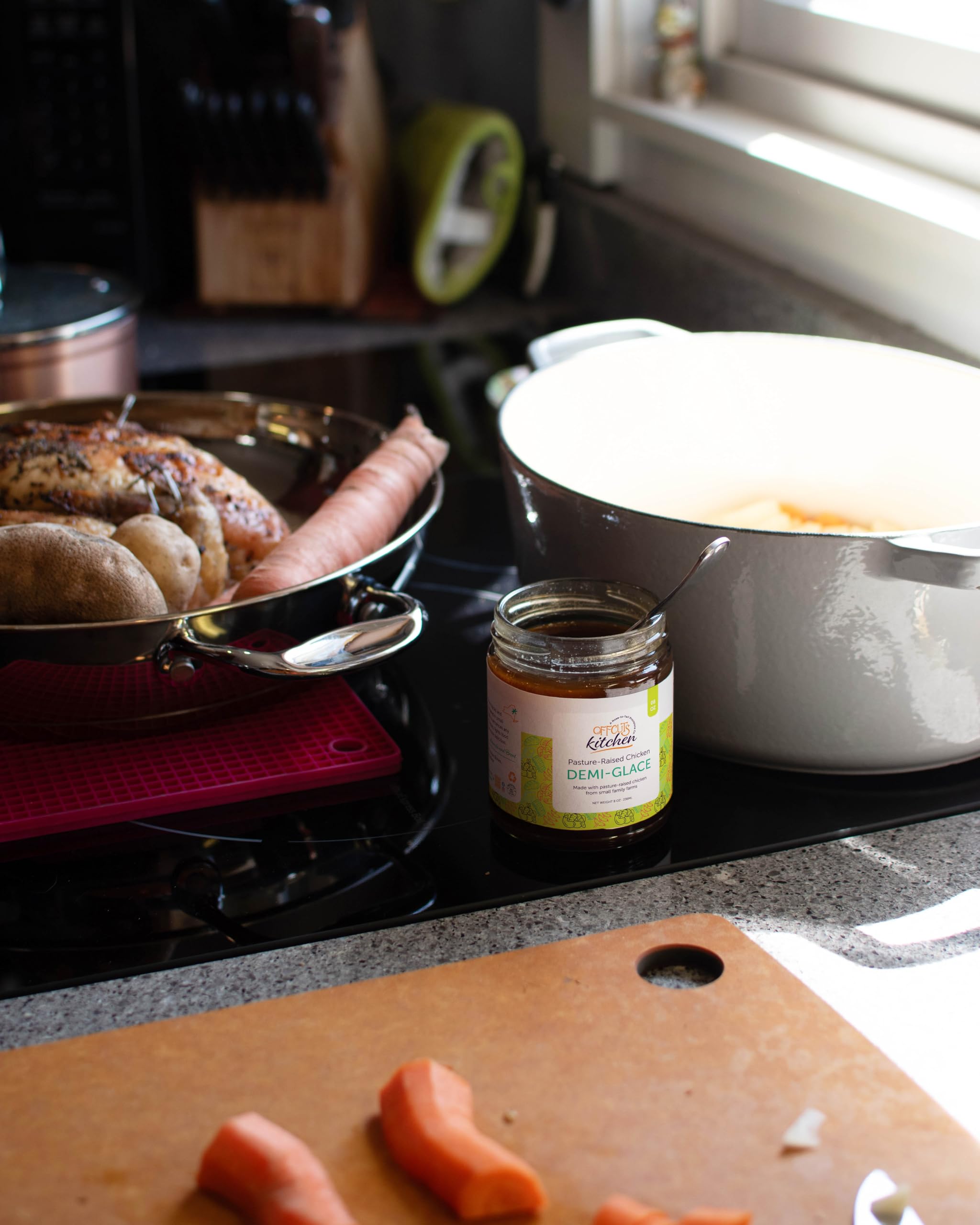 Offcuts Kitchen pasture-raised chicken bones and vegetables showing whole-animal sourcing benefit