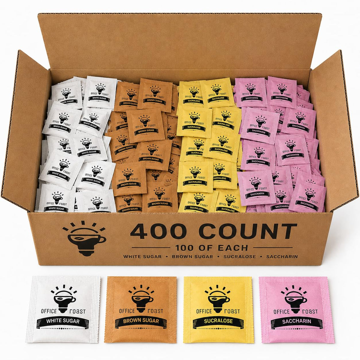 Office Roast front packaging showing 400-count variety pack and clear labeling benefit
