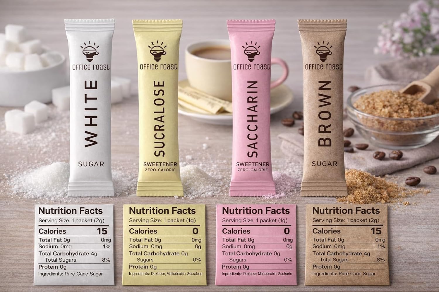 Close-up of Office Roast packets highlighting texture and sealed freshness for convenience
