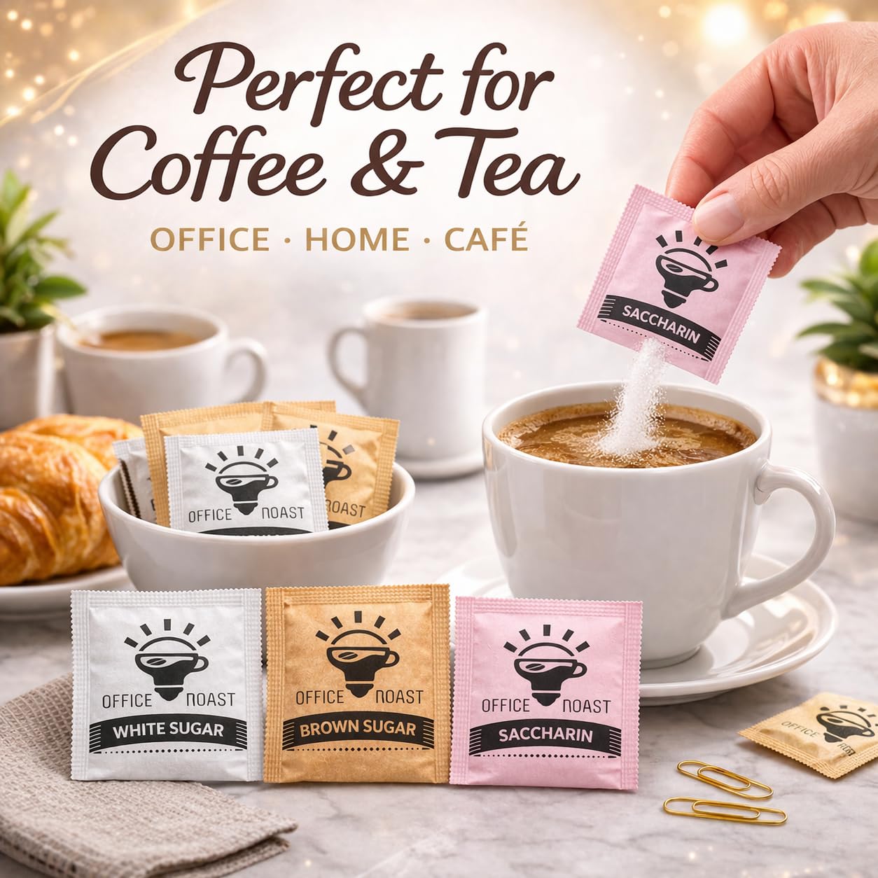Office Roast assorted packets in a small dish for neat presentation and easy access